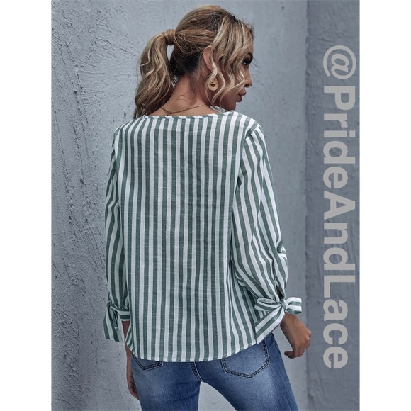 LAST 1️⃣ 🤍Buttoned Front Knot Cuff Striped Top - Picture 5 of 6